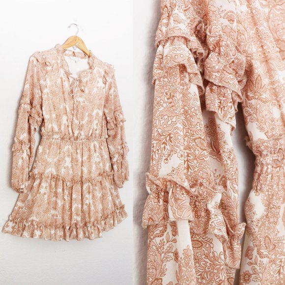 Moon River Women's M Paisley Print Tan Beige Tiered Ruffle Boho Mini Dress $118 - Picture 9 of 16
